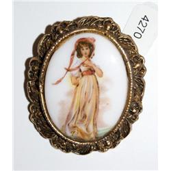 Old Victorian Marble & Brass Woman Brooch