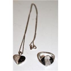Black & White Diamonds Fashion Ring & Heart Pendant