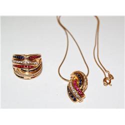 Vermeil 14kt AAA Sapphire, Ruby Ring & Necklace