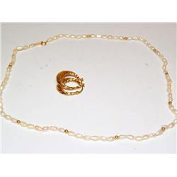 White Pearl Necklace & Gold Earrings Hoops