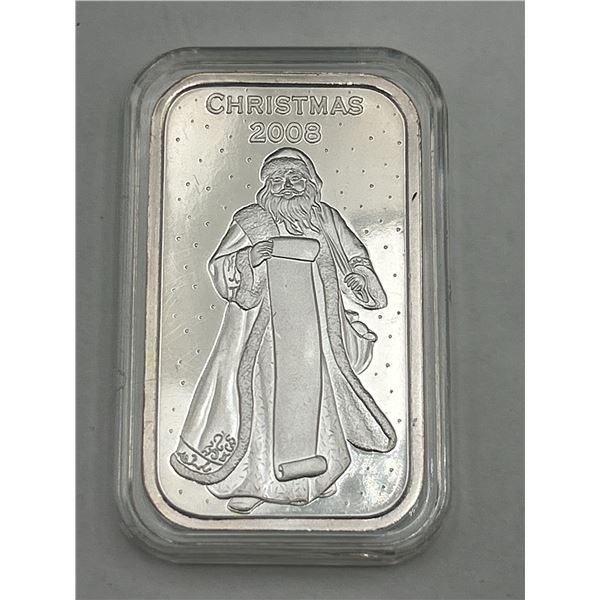 2008 .999 Silver Christmas Bar 1 Troy Oz