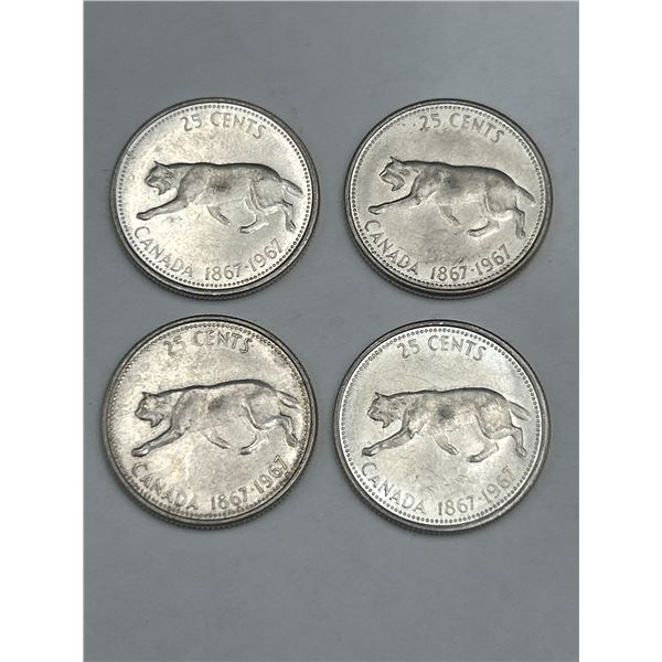 1967 Canada 25 Cent Silver Coins, Lot of 4