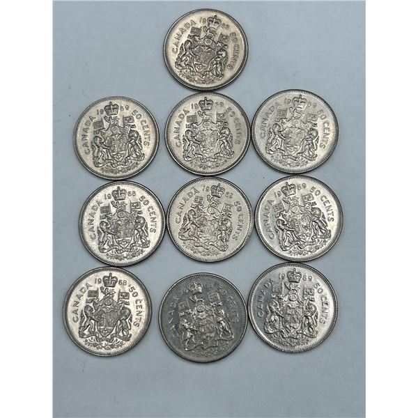 Canada 1968 50 Cents Silver Coins Lot (10)