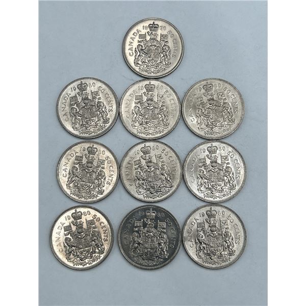 Lot of 10 Canada 1980 50 Cent Coins