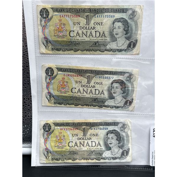 Lot of Three 1973 Canada $1 Banknotes