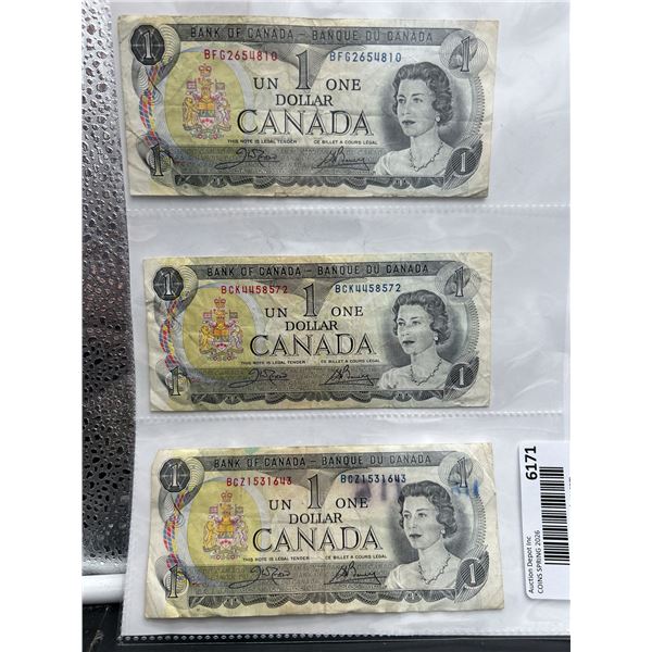 Lot of Three 1973 Canada $1 Banknotes