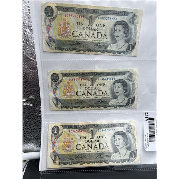 Lot of Three 1973 Canada $1 Banknotes