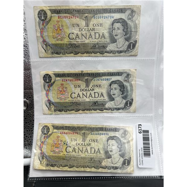 Lot of Three 1973 Canada $1 Banknotes