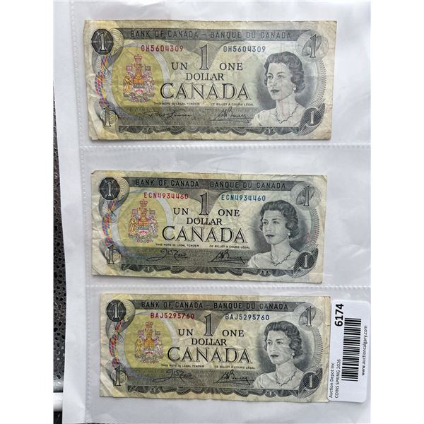 Lot of Three 1973 Canada $1 Banknotes