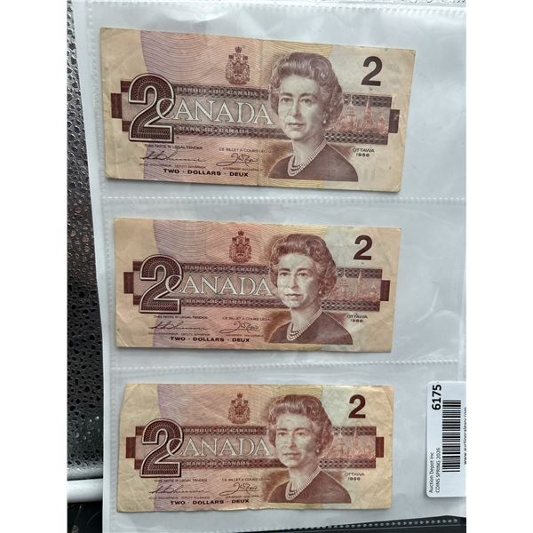 Lot of 3 Canadian $2 Banknotes 1986