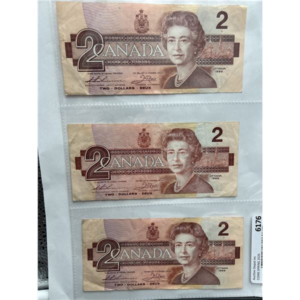 Lot of 3 Canadian $2 Banknotes 1986