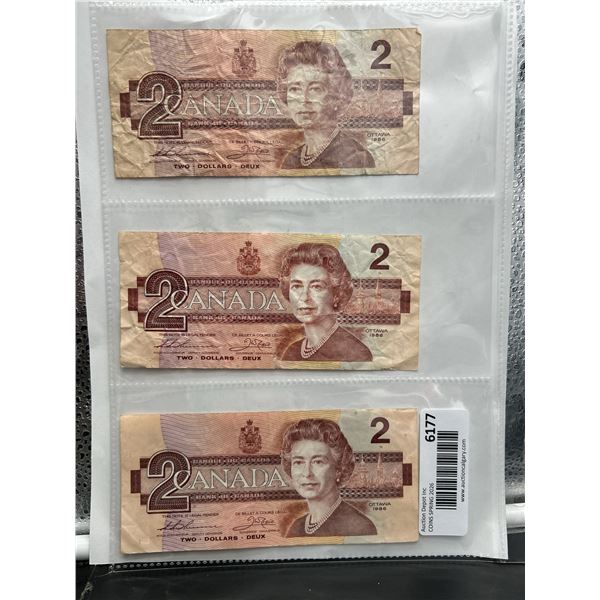 Lot of 3 Canadian $2 Banknotes 1986