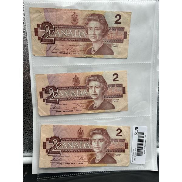 Lot of 3 Canadian $2 Banknotes 1986