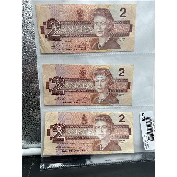 Lot of 3 Canadian $2 Banknotes 1986