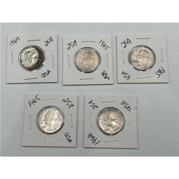 5 US Washington Quarters 1964-1968