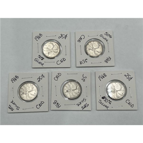 1968 Canada 25 Cent Silver Coins Lot of 5