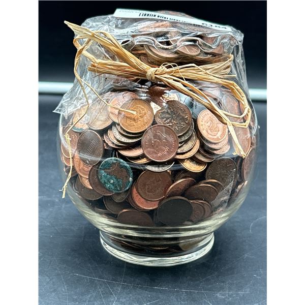 Glass Jar Filled with Assorted Pennies