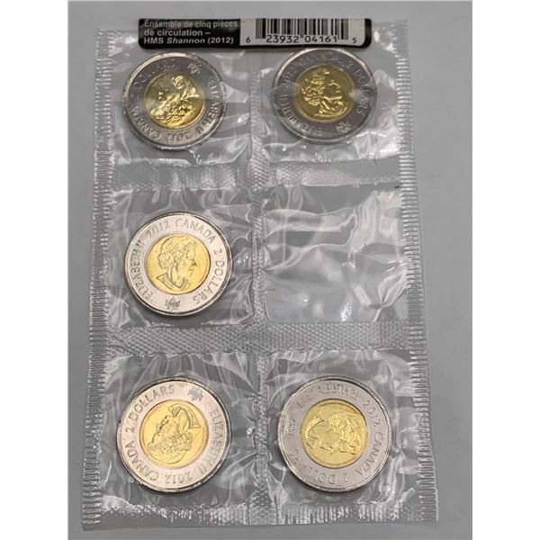 2012 HMS Shannon Canada $2 Circulation Coins Set With 5 Coins