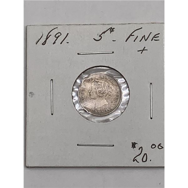 1891 Canadian 5-Cent Coin, Fine Condition