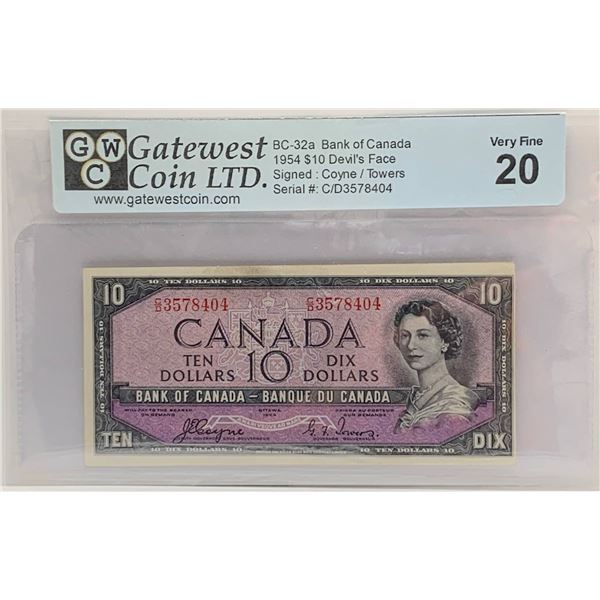 1954 Bank of Canada $10 Devil's Face Note, Coyne-Towers, Serial #D3578404, Very Fine 20