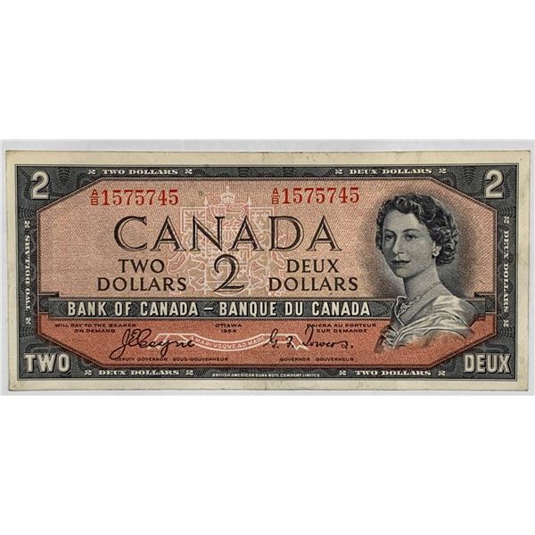 Canada $2 Banknote, "Devils Face" Series 1954, Serial #A1575745