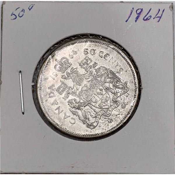 1964 Canadian 50 Cents Silver Coin Featuring Elizabeth II and Coat of Arms