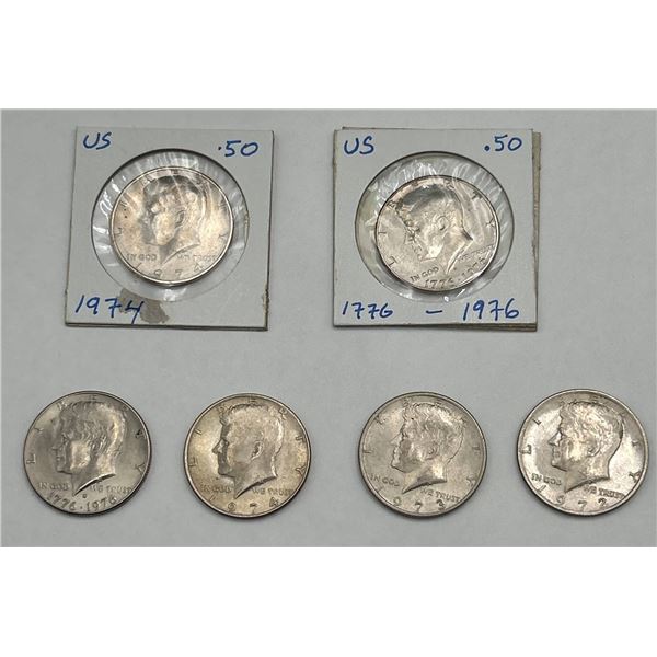 Five U.S. Half Dollar Coins, Including 1976 Bicentennial