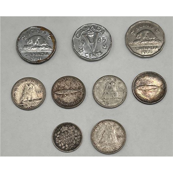 Lot of 9 vintage Silver Canadian Coins Dimes & Nickels
