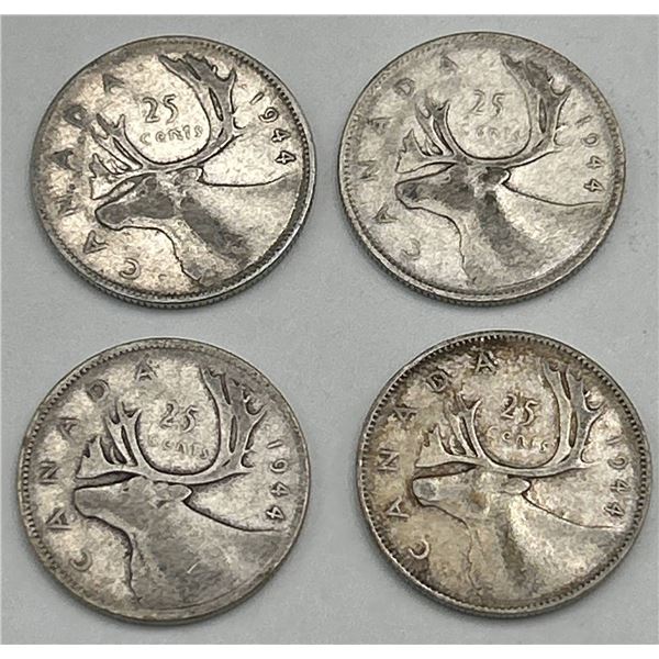 1944 Canada 25 Cent Silver Coins Featuring King George VI, Lot of 4