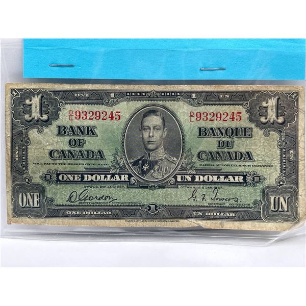 1937 Canada 1 Dollar Banknote, King George VI, P-58a, Prefix D