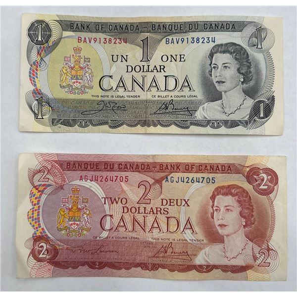 Canadian $1 and $2 Banknotes Featuring 1973/1974 Series Designs