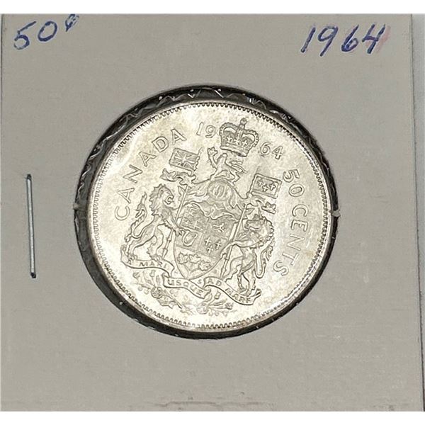 1964 Canada 50-Cent Silver Coin with Coat of Arms Design