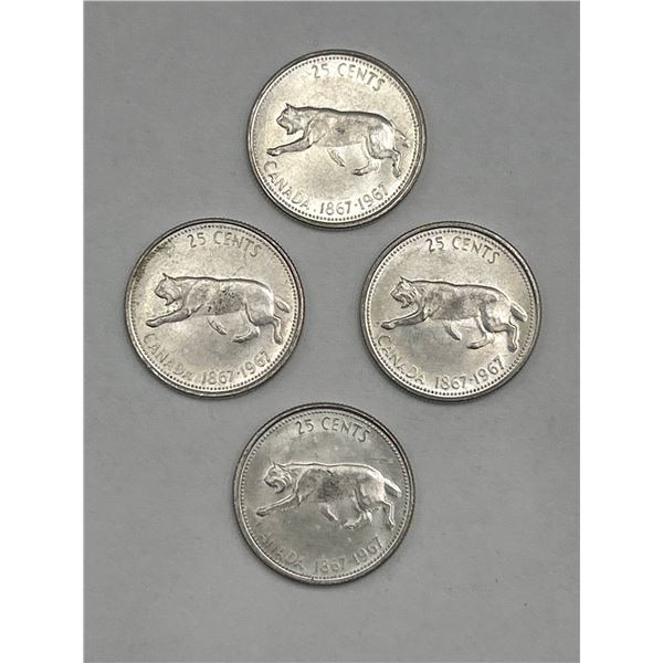 Four 1967 Canadian 25 Cents Silver Wolf Centennial Quarters