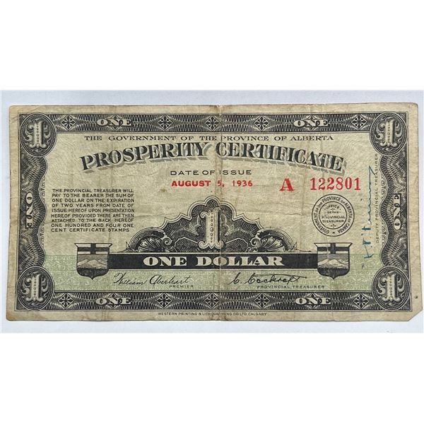 1936 Alberta Prosperity Certificate - One Dollar - Serial A122801