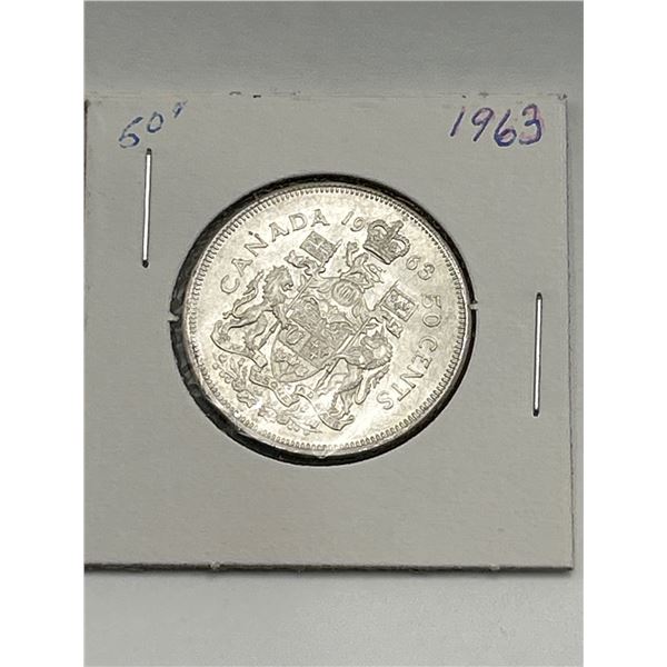 1963 Canadian 50 Cent Silver Coin with Elizabeth II Portrait