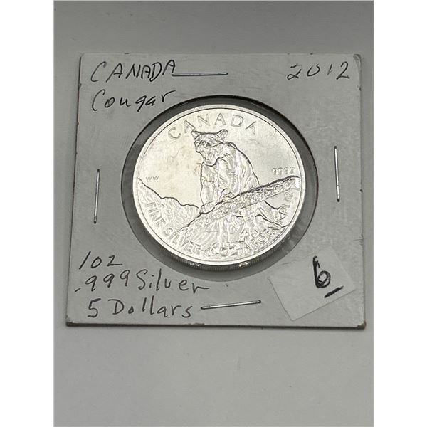 2012 Canadian Cougar 1 oz .999 Fine Silver $5 Coin
