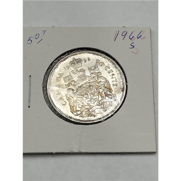 1966 Canada 50-Cent Silver Coin with Coat of Arms Design