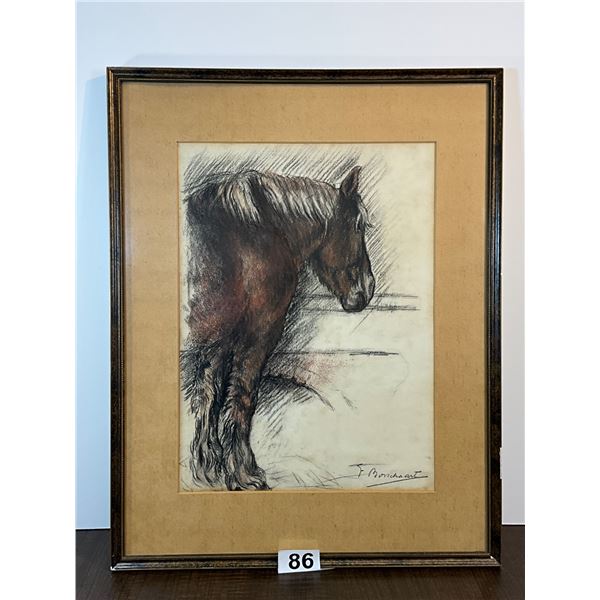 Signed Horse Study Drawing by F. Bonchaut (Framed)
