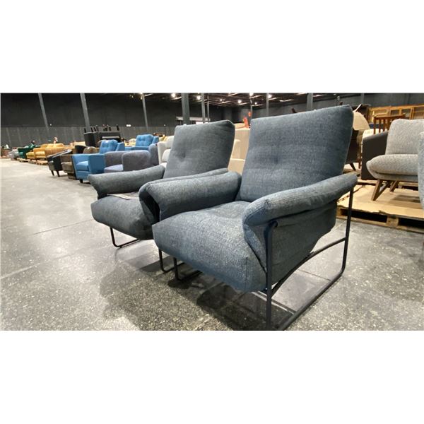 PAIR OF BLUE METAL FRAMED ARMCHAIRS