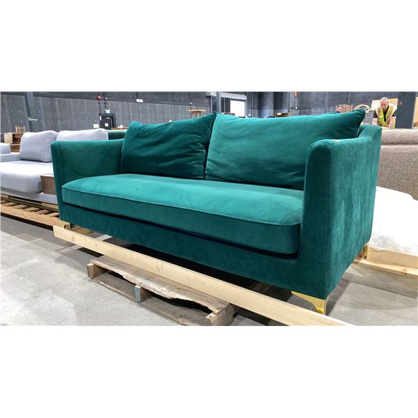FOREST GREEN COUCH WITH GOLD LEGS