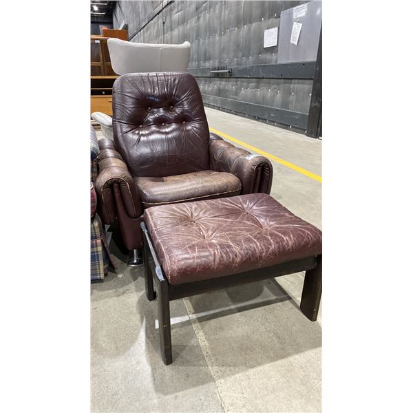 BROWN LEATHER ARMCHAIR WITH MATCHING OTTOMAN