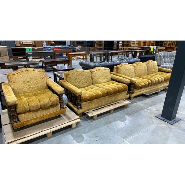 3 PC GOLD FABRIC COUCH, LOVESEAT & ARMCHAIR SET WITH CARVED WOOD ACCENTS