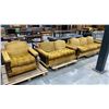 Image 1 : 3 PC GOLD FABRIC COUCH, LOVESEAT & ARMCHAIR SET WITH CARVED WOOD ACCENTS