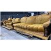 Image 3 : 3 PC GOLD FABRIC COUCH, LOVESEAT & ARMCHAIR SET WITH CARVED WOOD ACCENTS