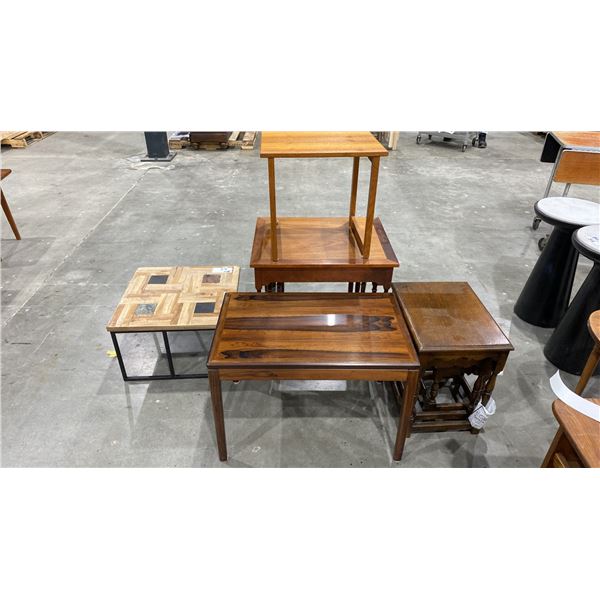 ROSEWOOD SIDE TABLE, TEAK 3PCS. NESTING TABLE SET, SMALL TEAK SIDE TABLE. ANTIQUE OAK