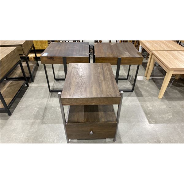 ONE DRAWER SIDE TABLE AND SET OF MATCHING WOOD TOP METAL BASE SIDE TABLES