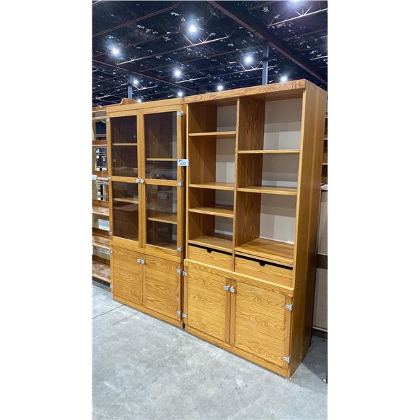 PAIR OF MATCHING PINE DISPLAY CABINETS, ONE WITH GLASS DOORS