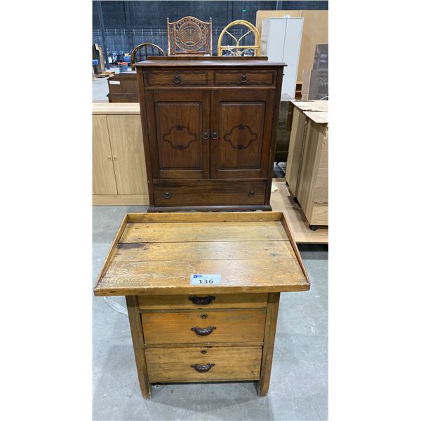 3 DRAWER ANTIQUE NIGHTSTAND AND ANTIQUE WARDROBE DRESSER