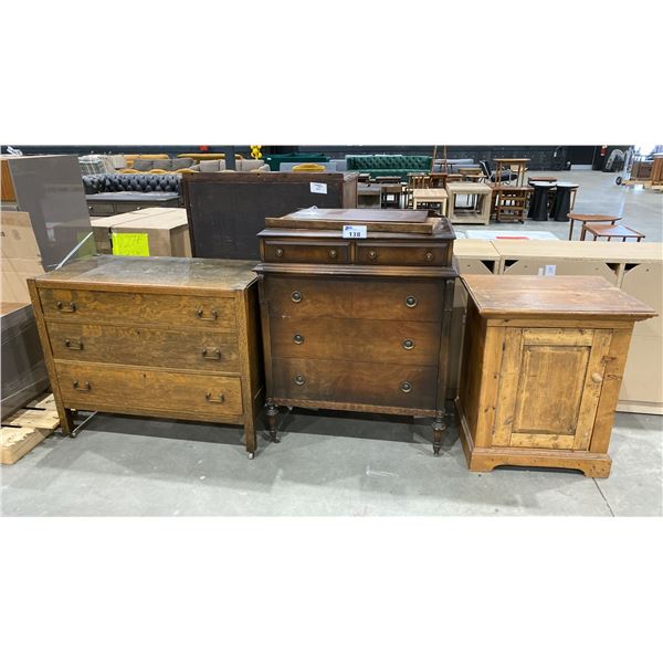 5 DRAWER DRESSER, 3 DRAWER DRESSER AND SINGLE DOOR STORAGE CABINET