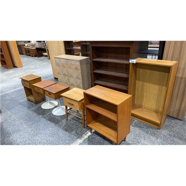 3 ASSORTED WOOD BOOKSHELVES, 4 ASSORTED WOOD NIGHTSTANDS AND 2 DOOR WOOD STORAGE CABINET
